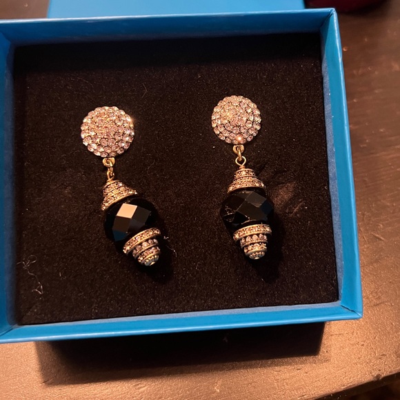 Vtg Heidi Daus Rhinestone Drop Pierced Earrings with black faceted glass NIB - Picture 2 of 8